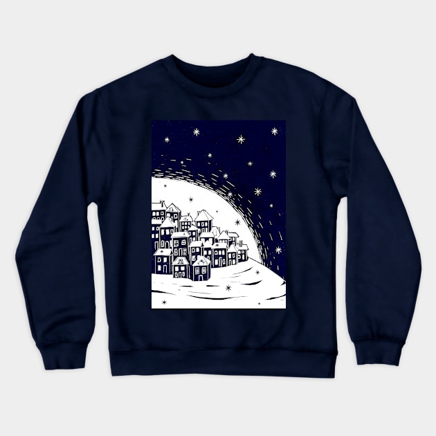 Snowy Night - Beautiful Festive Linocut Village Scene Crewneck Sweatshirt by Maddybennettart